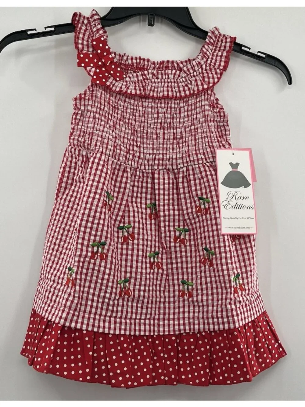 NEW RARE EDITIONS Gingham Seersucker Dress Girls Size 4T Cherry Embroidered NWT
